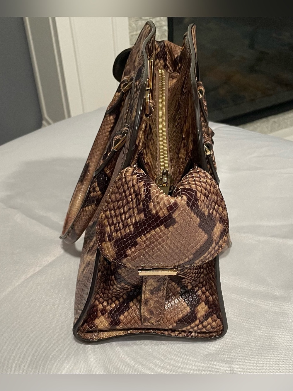 Michael Kors Brown Python Embossed Leather Medium Harper Satchel - Picture 10 of 15
